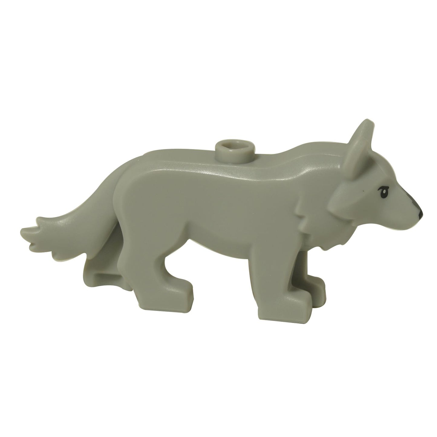 LEGO® figura di lupo in grigio chiaro con stud superiore, vista laterale che mostra il profilo del corpo e le gambe
