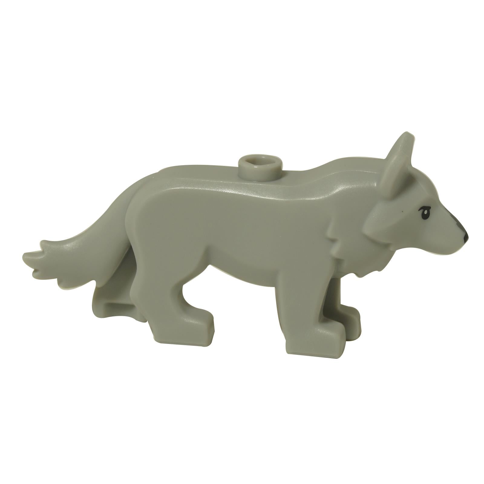 LEGO® figura di lupo in grigio chiaro con stud superiore, vista laterale che mostra il profilo del corpo e le gambe
