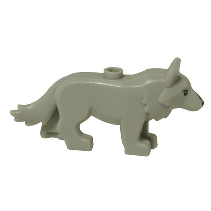 LEGO® figura di lupo in grigio chiaro con stud superiore, vista laterale che mostra il profilo del corpo e le gambe
