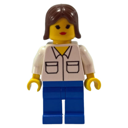 LEGO minifigure twn001 with brown hair, white shirt, and blue legs.