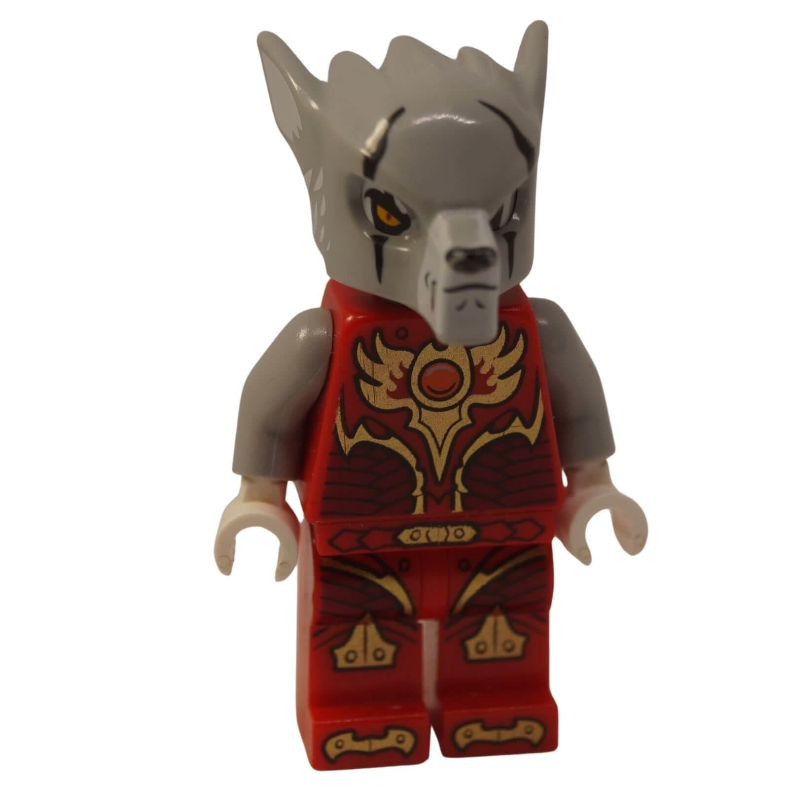 LEGO Worriz Fire Chi Minihahmo loc146 susijohtaja punaisessa haarniskassa ja harmaassa maskissa etuprofiilista