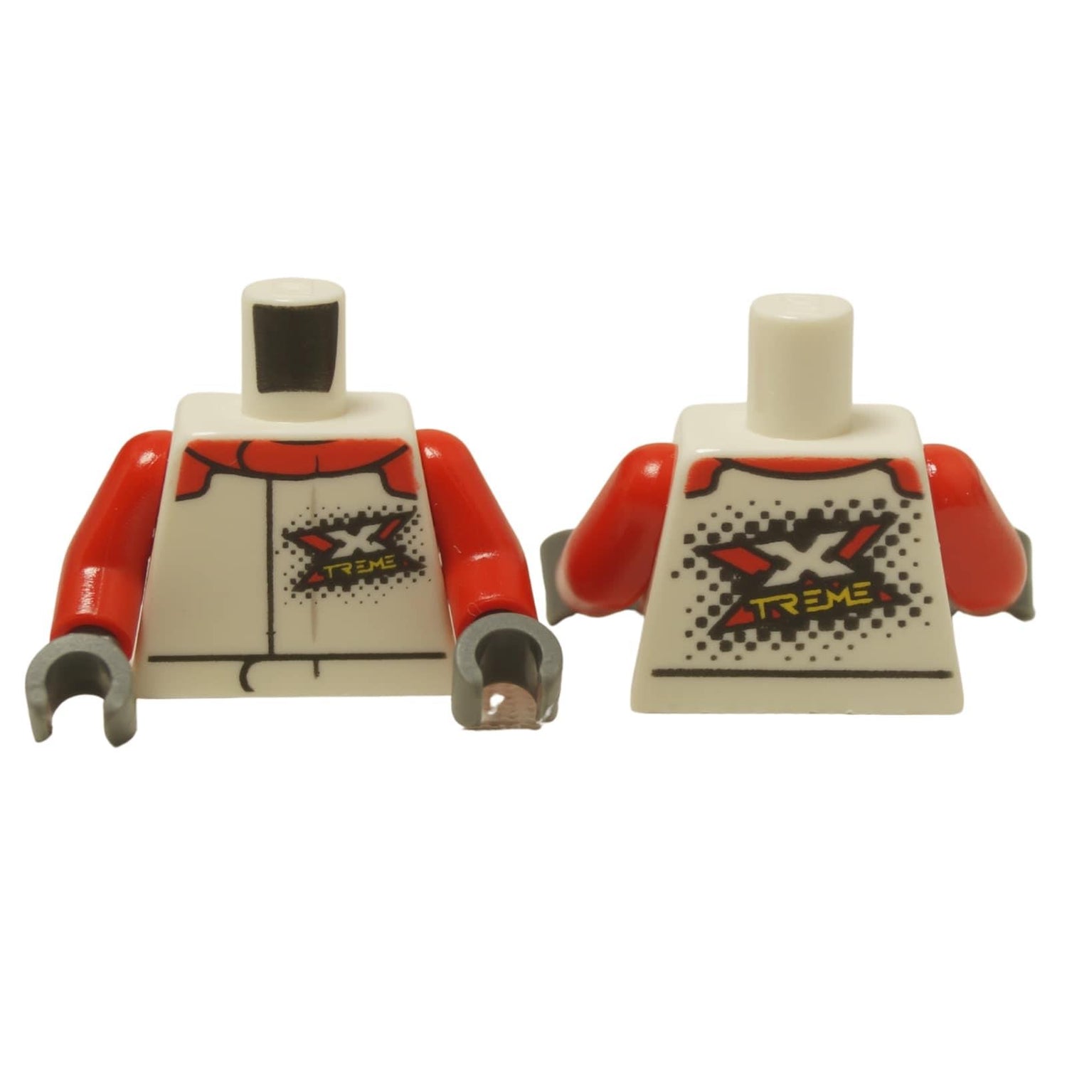 LEGO® Xtreme Racing Suit Torso (973pb3759c01) 흰색과 빨간색, 앞면과 뒷면에 'XTREME' 로고가 표시되어 있습니다.
