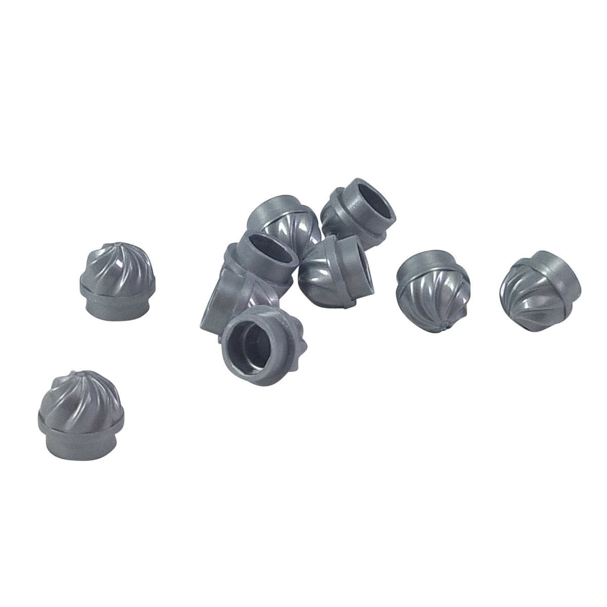 Flat silver LEGO® round 1 x 1 plate 15470 shown from multiple angles with decorative swirled top and hollow connection base