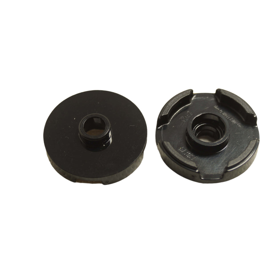 LEGO® Tile Round 2 x 2 with open stud (18674) in black, featuring a smooth circular top with a central hollow stud.
