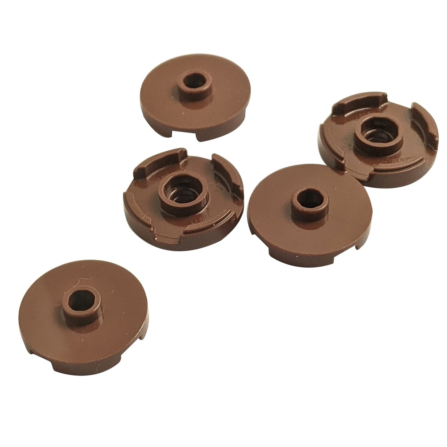 LEGO® Tile Round 2 x 2 with open stud (18674) in brown, featuring a smooth circular top with a central hollow stud.
