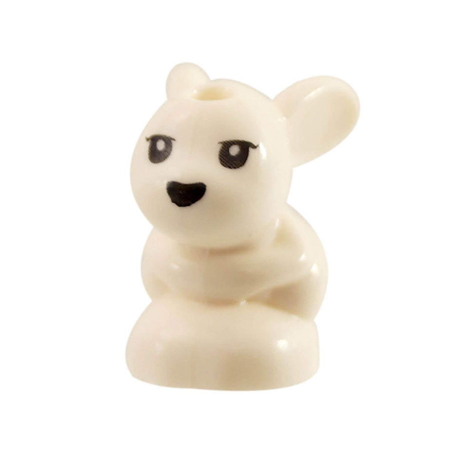 LEGO® white baby bunny figure with black eyes and nose, sitting pose – part 18852pb01 from LEGO® Friends.