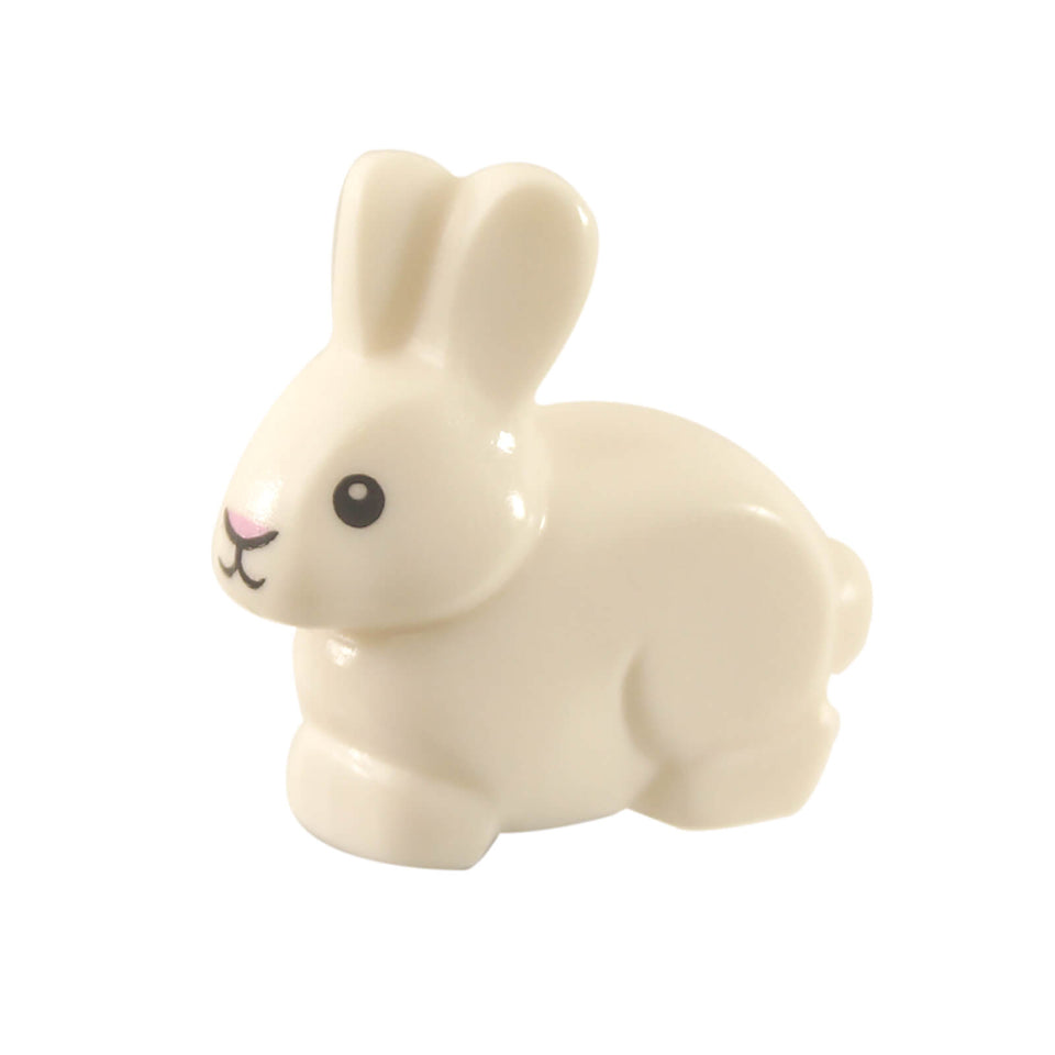 LEGO® white bunny figure in crouching pose with black eyes, printed mouth, and bright pink nose – part 29685pb01.