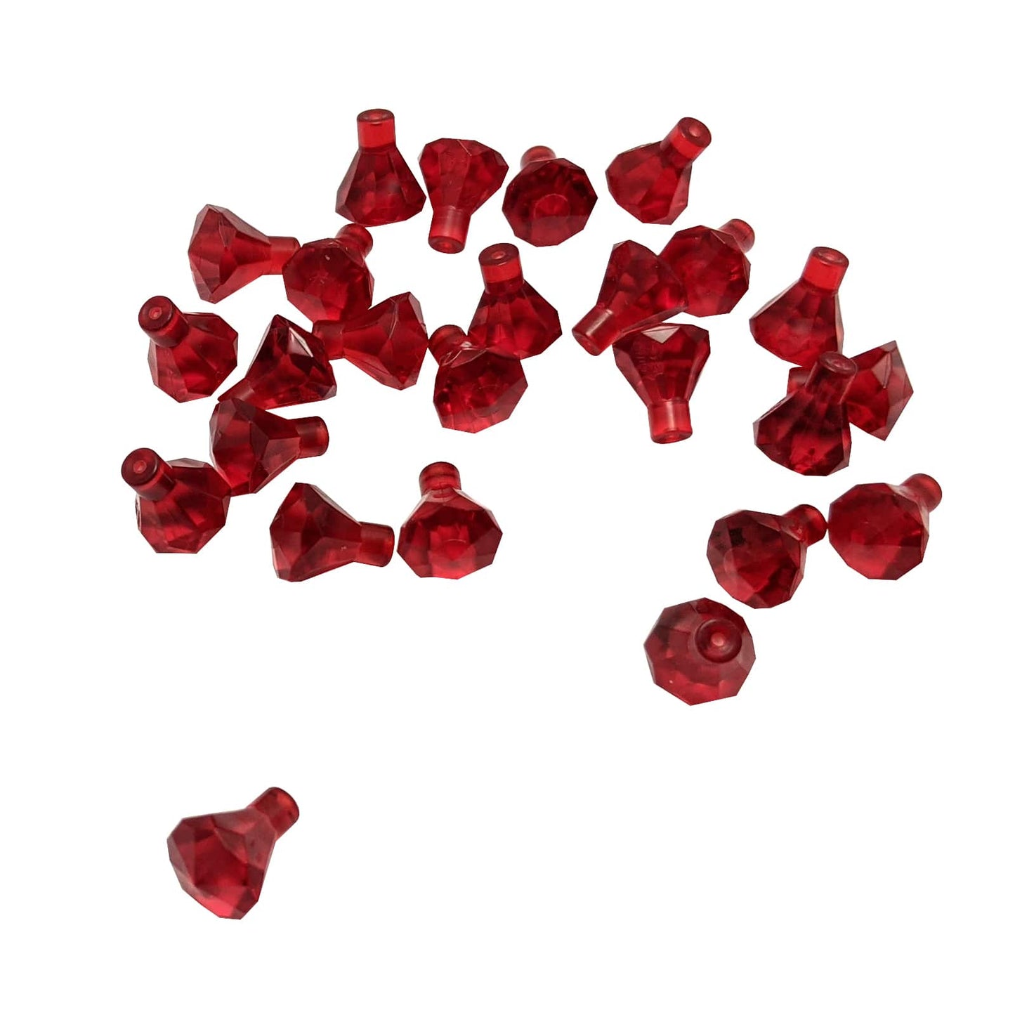 Pieza de joya Rock 1×1 de color rojo transparente LEGO® con diseño de corte de 24 facetas, utilizada para gemas, cristales y elementos decorativos en construcciones.
