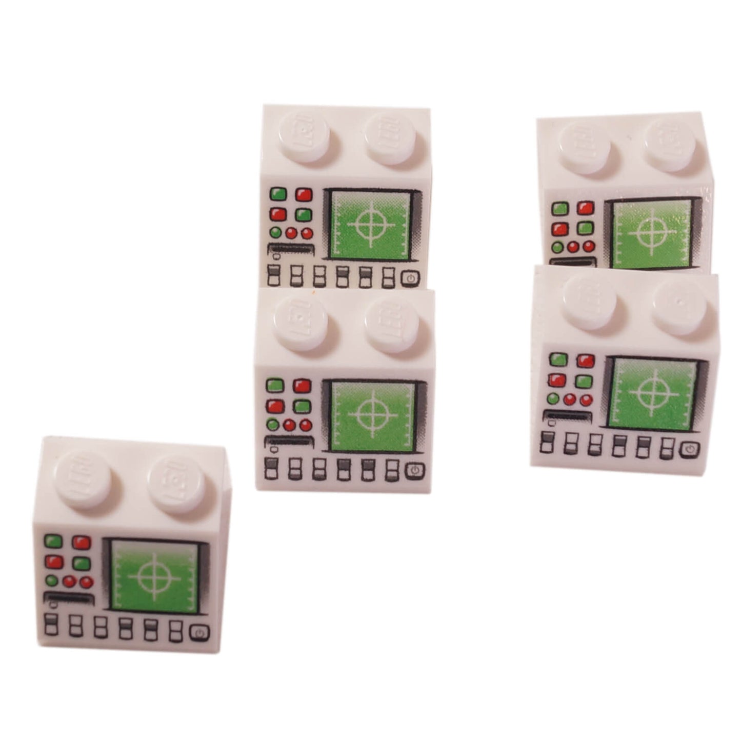 Five white LEGO Slope 45 2 x 2 Radar Screen Pattern bricks 3039pb041.