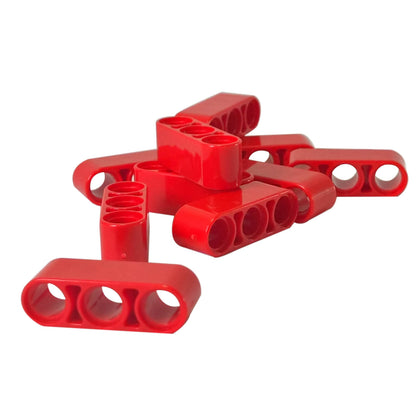 Pile of red LEGO Technic 1x3 Thick Liftarm pieces (32523) loosely grouped.