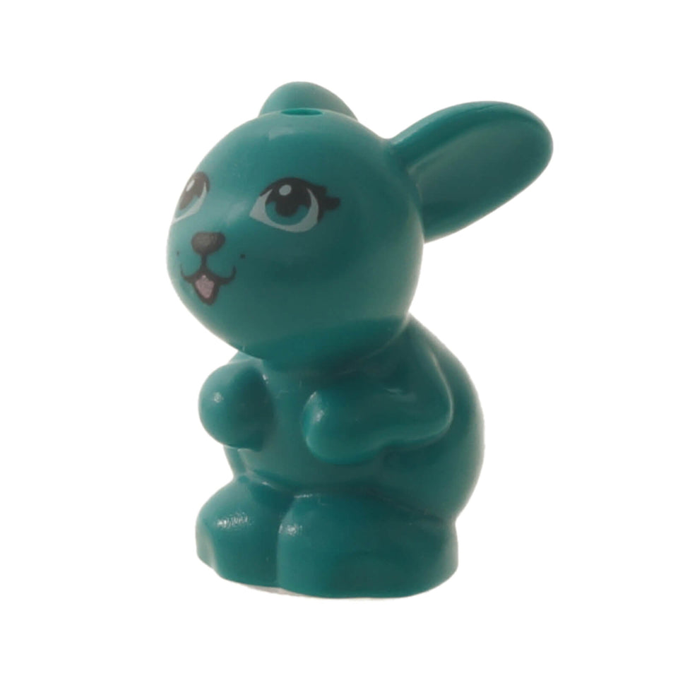 LEGO® dark turquoise bunny figure in sitting pose with printed eyes, black nose, and pink mouth – part 34050pb03 from LEGO® Friends.