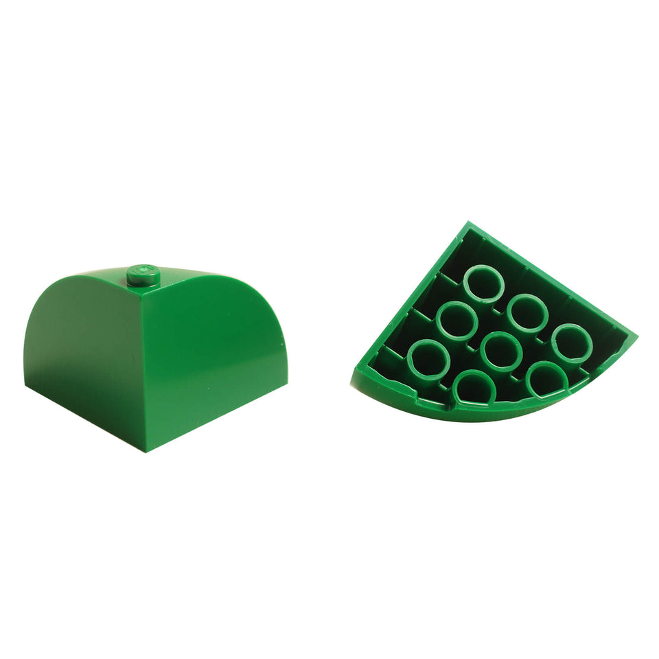 LEGO® green dome brick, Round Corner 4 x 4 x 2 2/3 with stud on top (part 49612), shown from top and underside view.