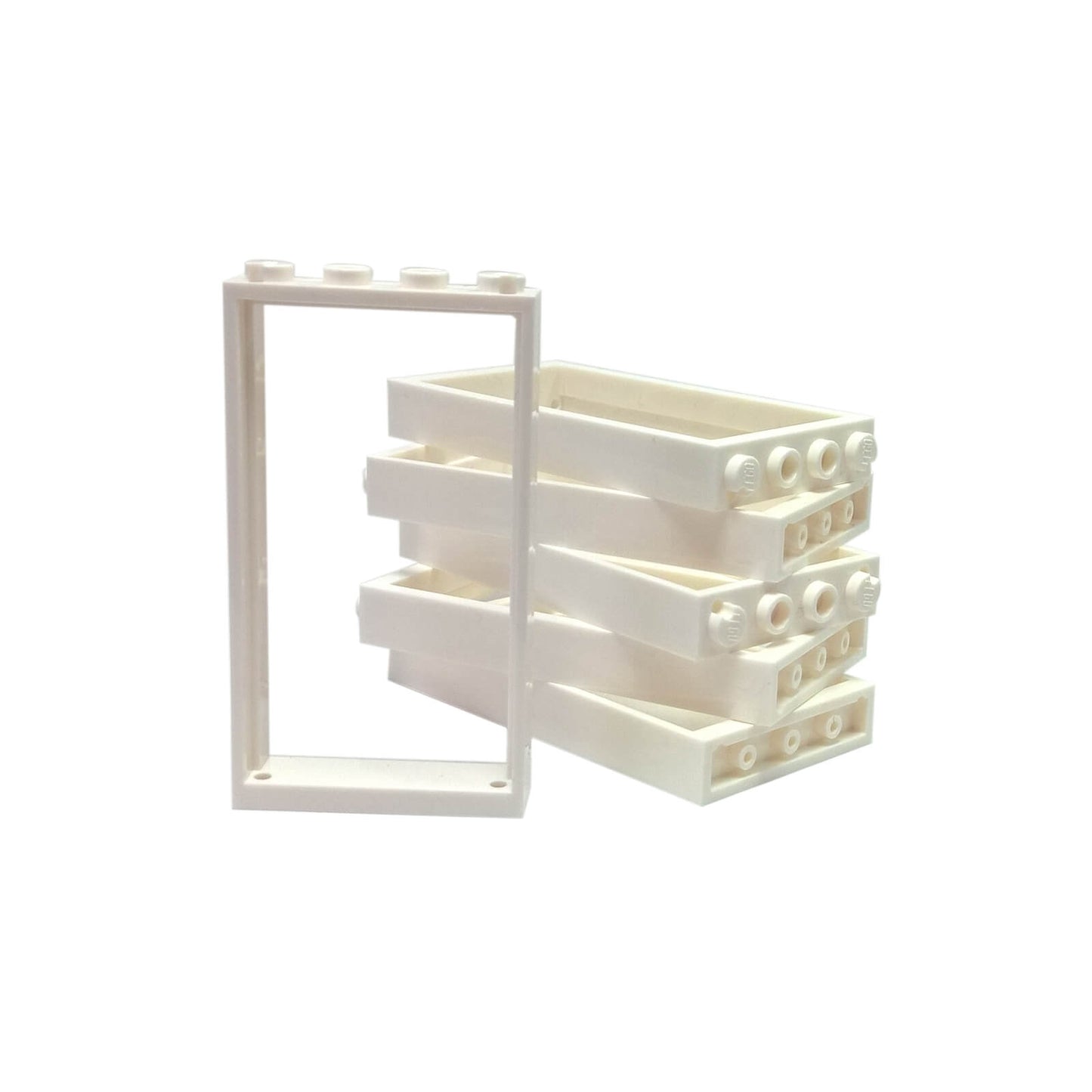 Pile of white LEGO Door Frame 1x4x6 Type 2 pieces (60596) against a white background.