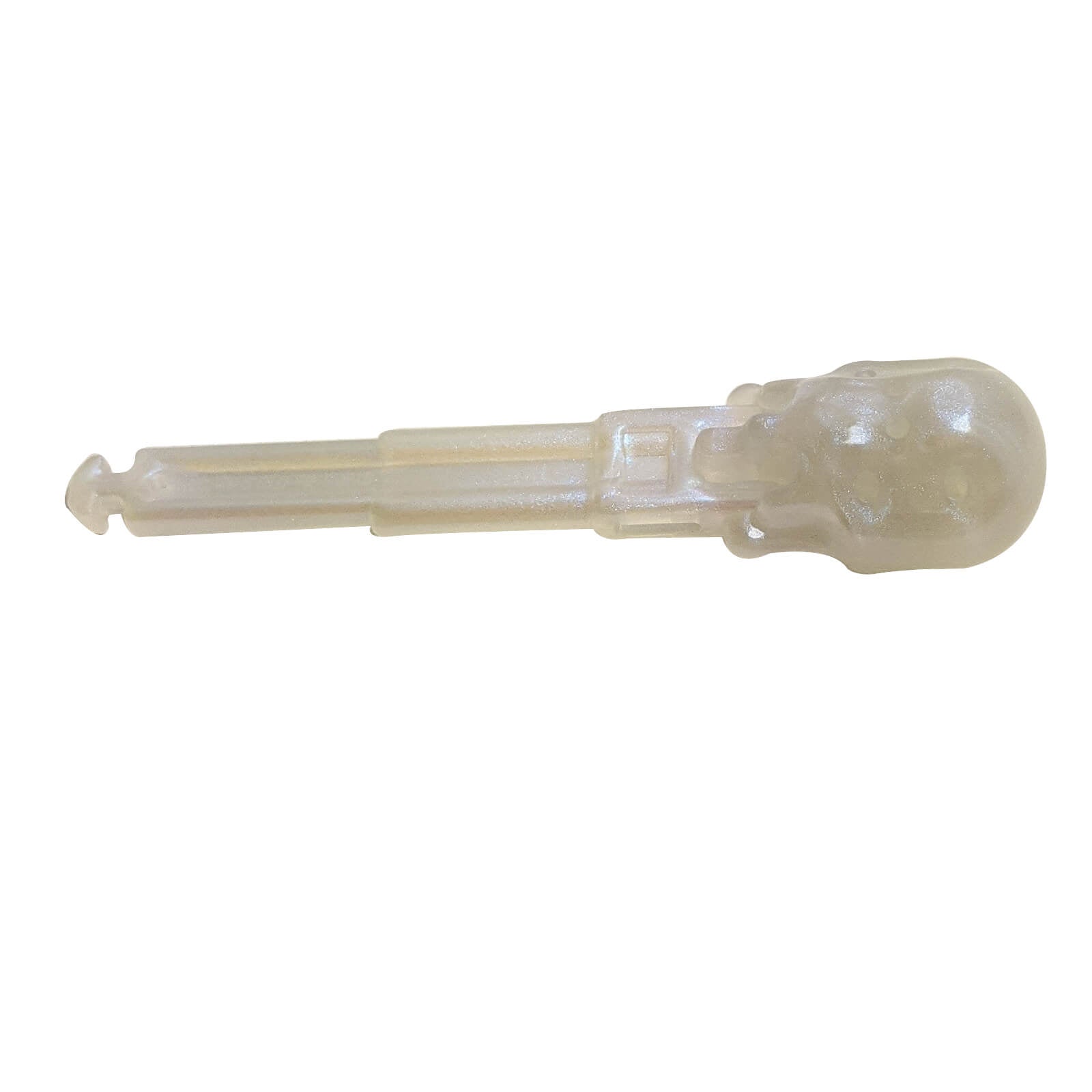 Side view of a translucent LEGO projectile arrow 70694 with a skull head.