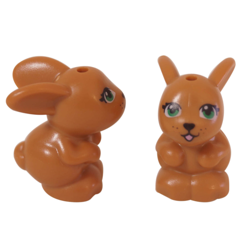 LEGO® medium nougat flesh bunny with green eyes and printed face, shown from front and side views – part 98387pb03 from LEGO® Friends.