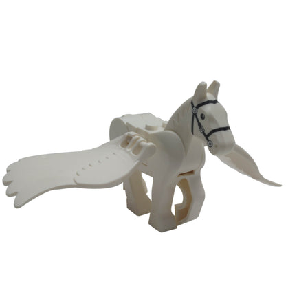 Side view of LEGO white Pegasus with wings extended and black harness detail.