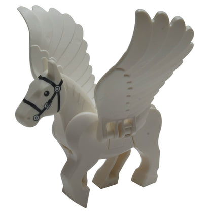 LEGO white Pegasus with wings raised, black bridle, and detailed molded feathers.