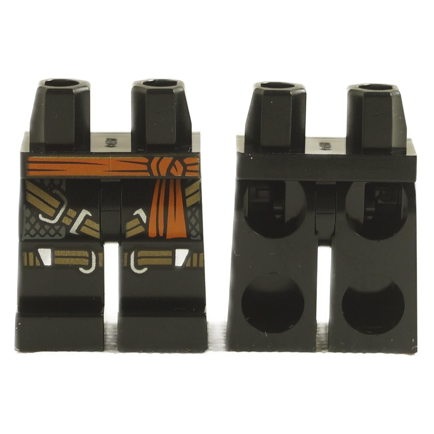 LEGO minifigure legs in black featuring a printed orange sash, tan gear straps, and silver chainmail patterns.