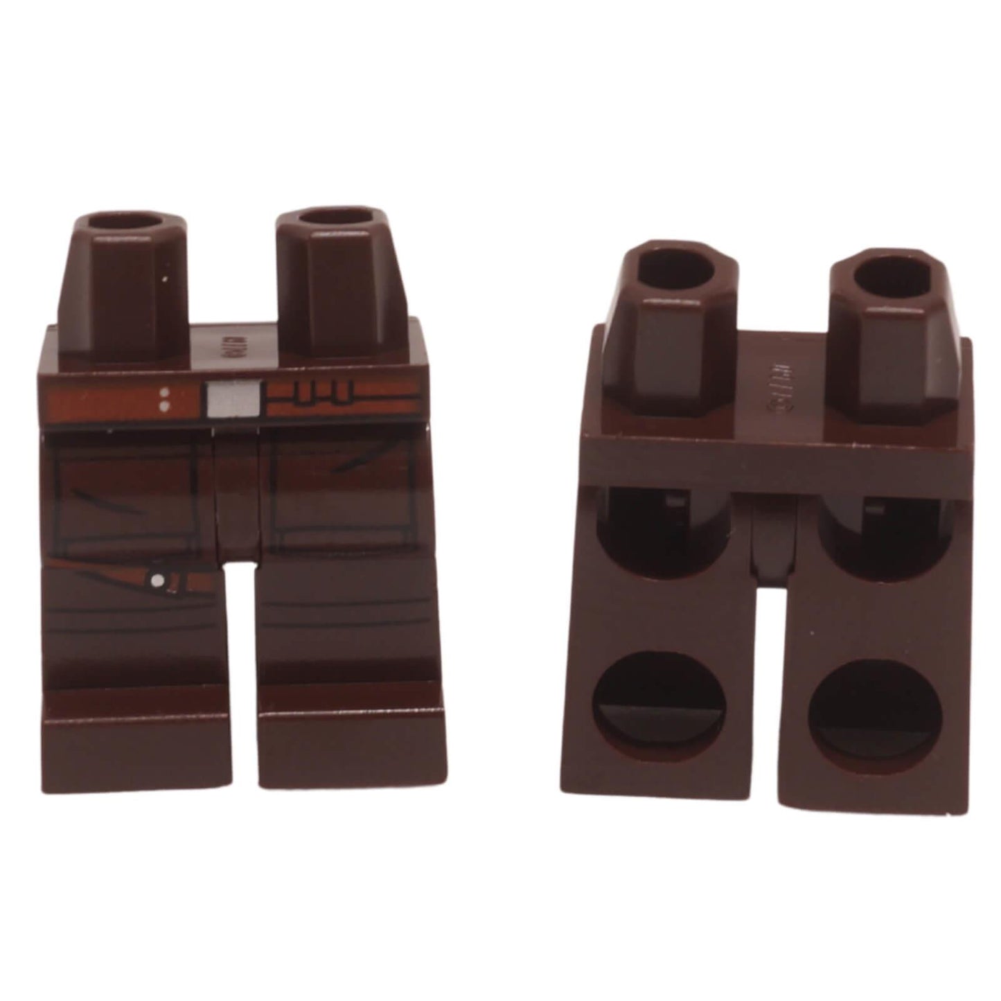 LEGO reddish brown minifigure legs with a printed belt, silver buckle, and a right leg utility strap (Part 970c00pb1756).