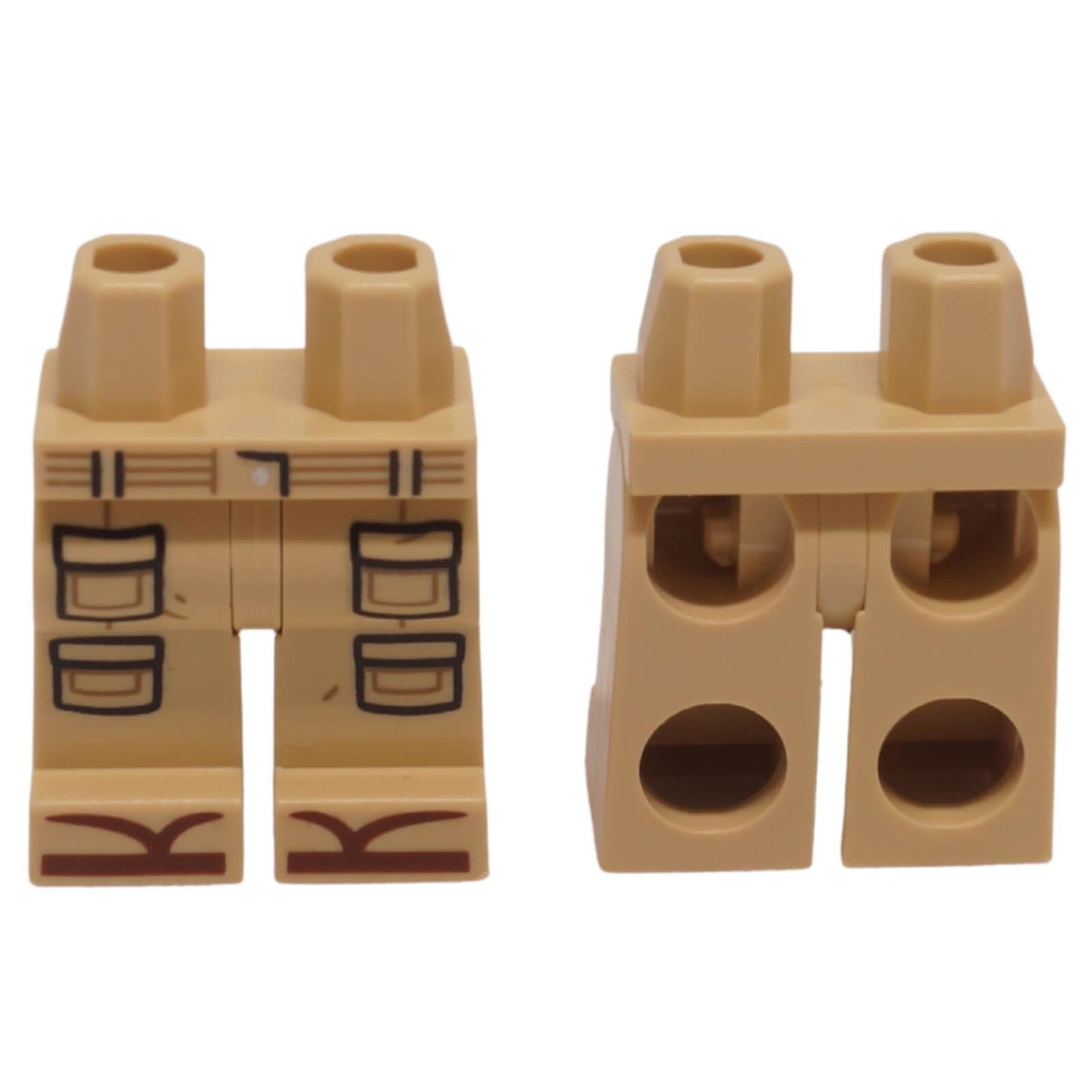 LEGO tan minifigure legs with printed reddish brown sandals and pocket outlines.