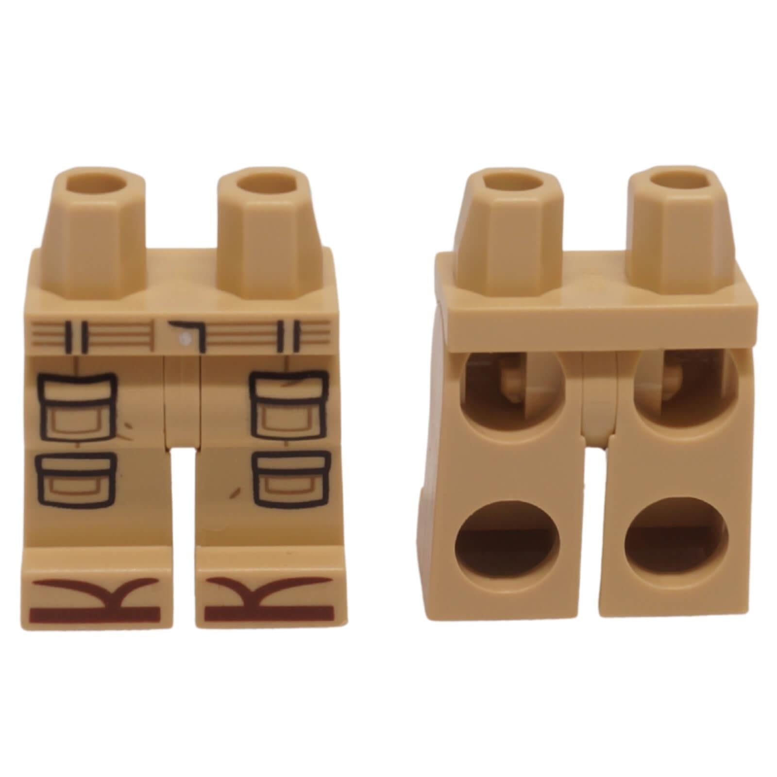 LEGO tan minifigure legs with printed reddish brown sandals and pocket outlines.