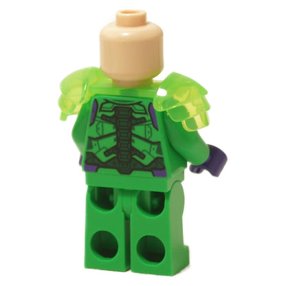 Back view Lex Luthor minifigure in bright green power armor with purple accents and translucent shoulder pads
