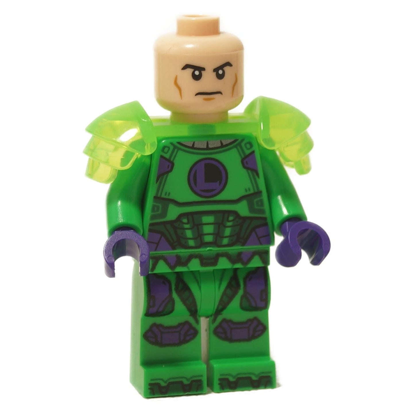 LEGO minifigure of Lex Luthor in bright green and purple armor with translucent yellow shoulder pads and a bold 'L' insignia on the chest.