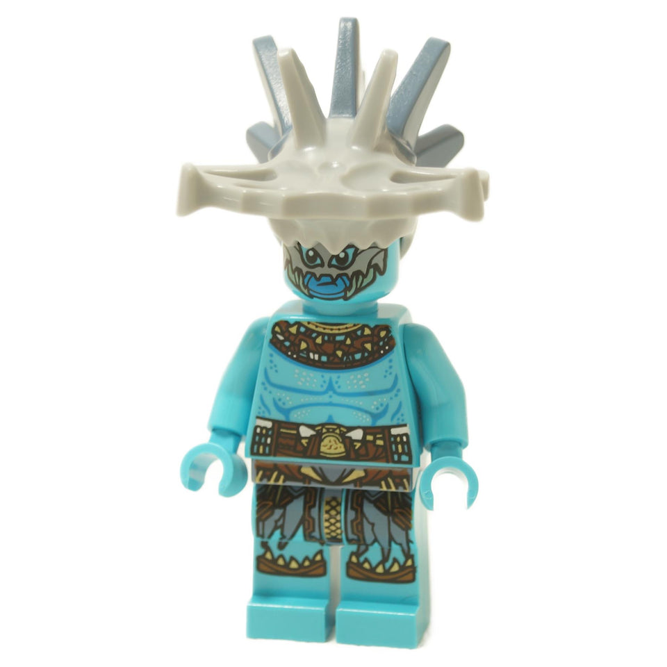 LEGO Marvel Attuma minifigure, front view with shark-bone headdress.