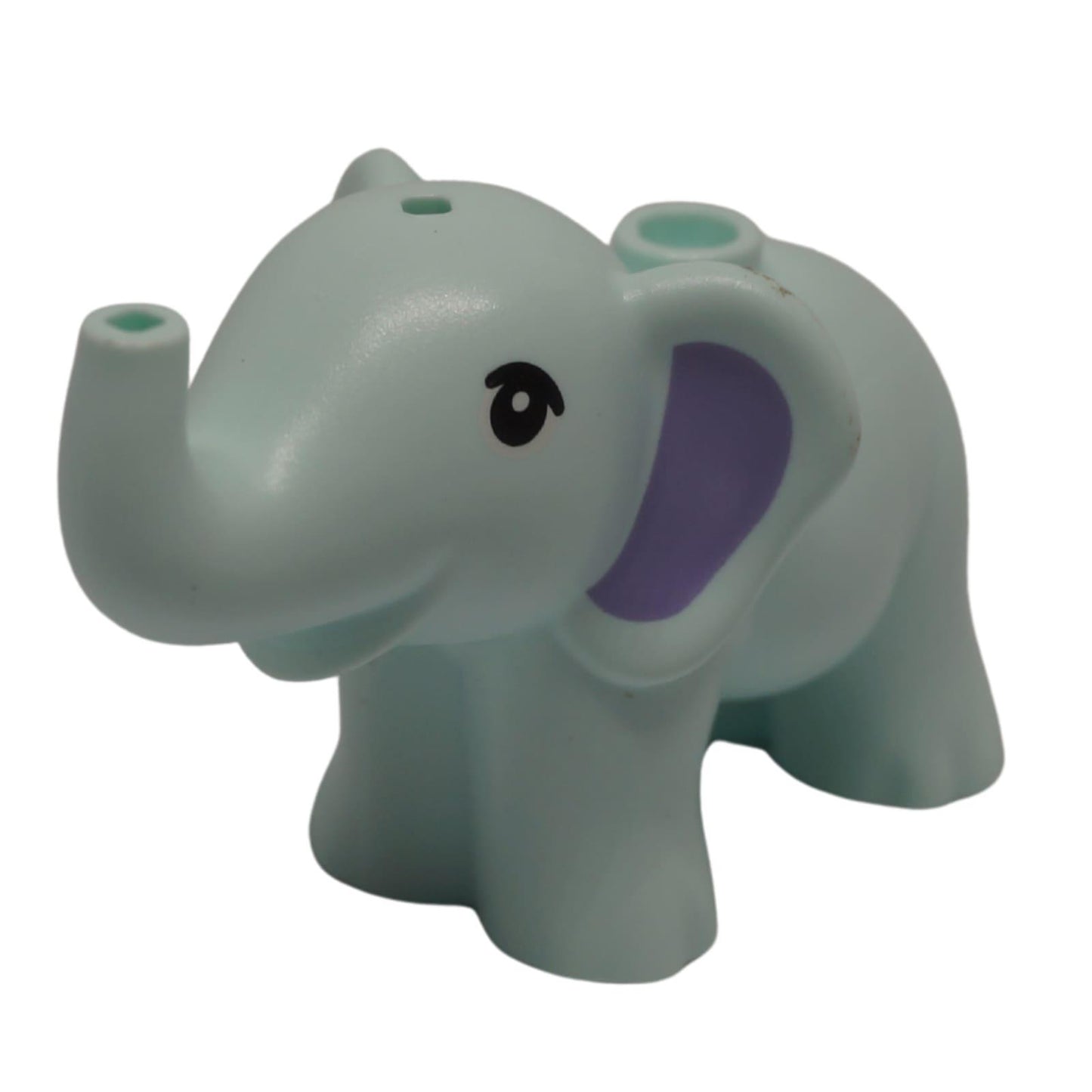 Elefante Friends de color aqua claro con orejas rosas y colmillos blancos, vista lateral
