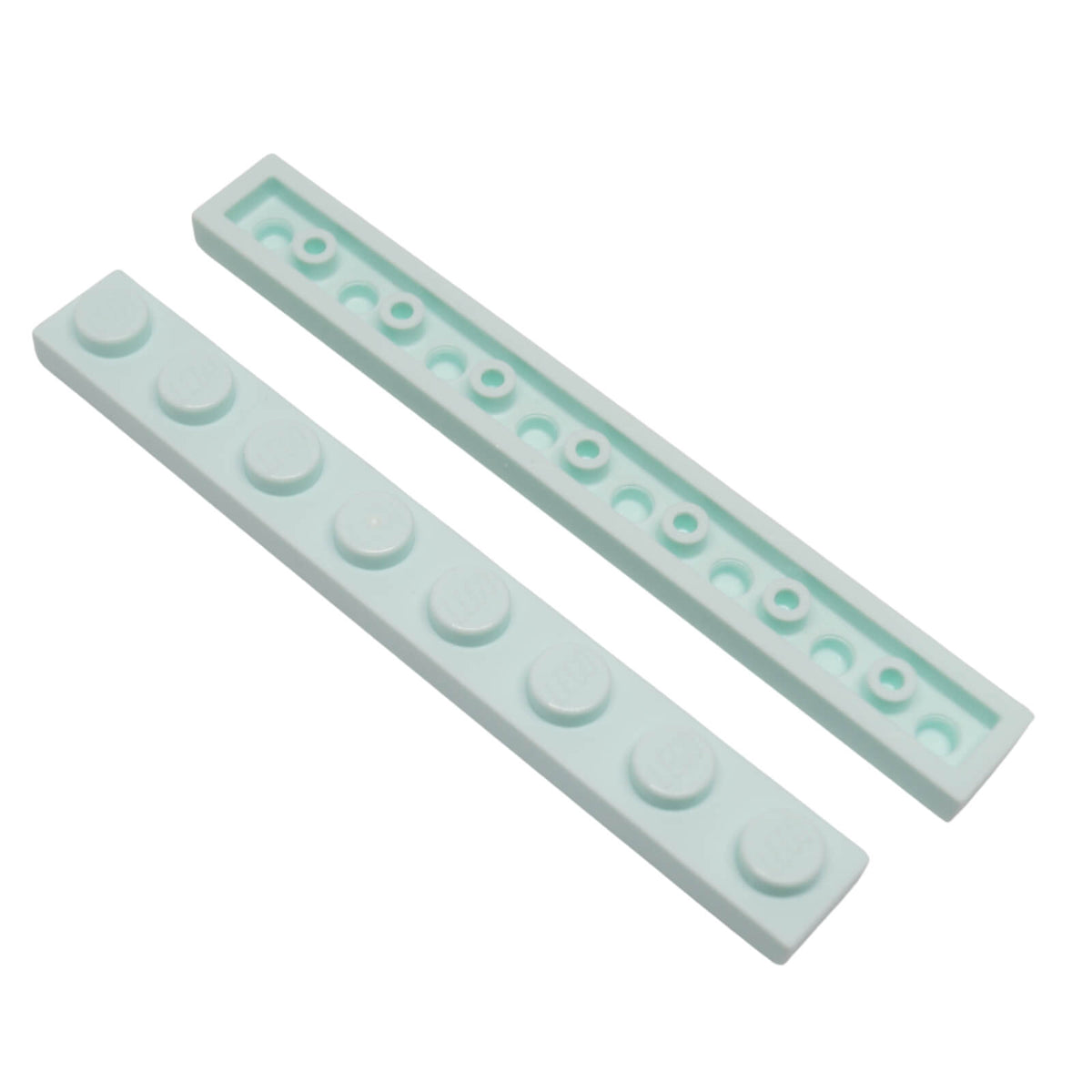 Light aqua LEGO® Plate 1 x 8 part 3460 shown from the top and underside with eight studs and recessed support structure