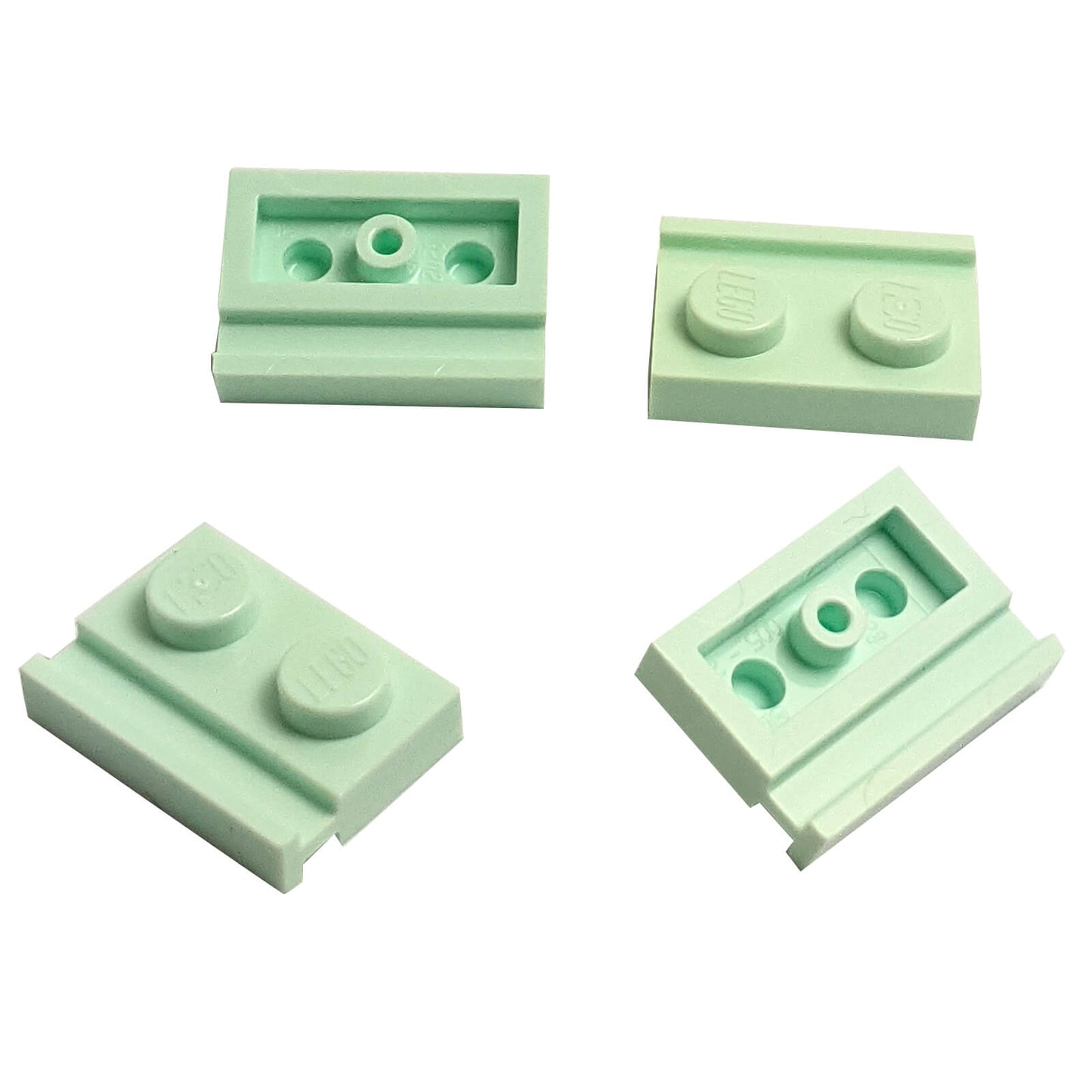 Light aqua modified Plate 1 x 2 with door rail for sliding doors, track guides, and compact wall builds
