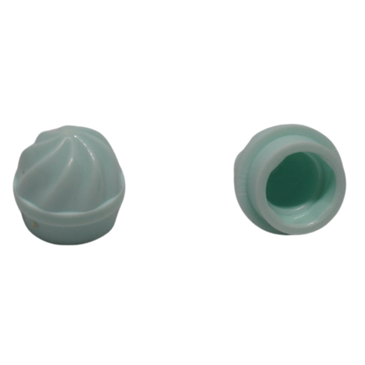 Light aqua LEGO® round 1 x 1 plate 15470 shown from the top and underside with raised swirled surface and hollow connection