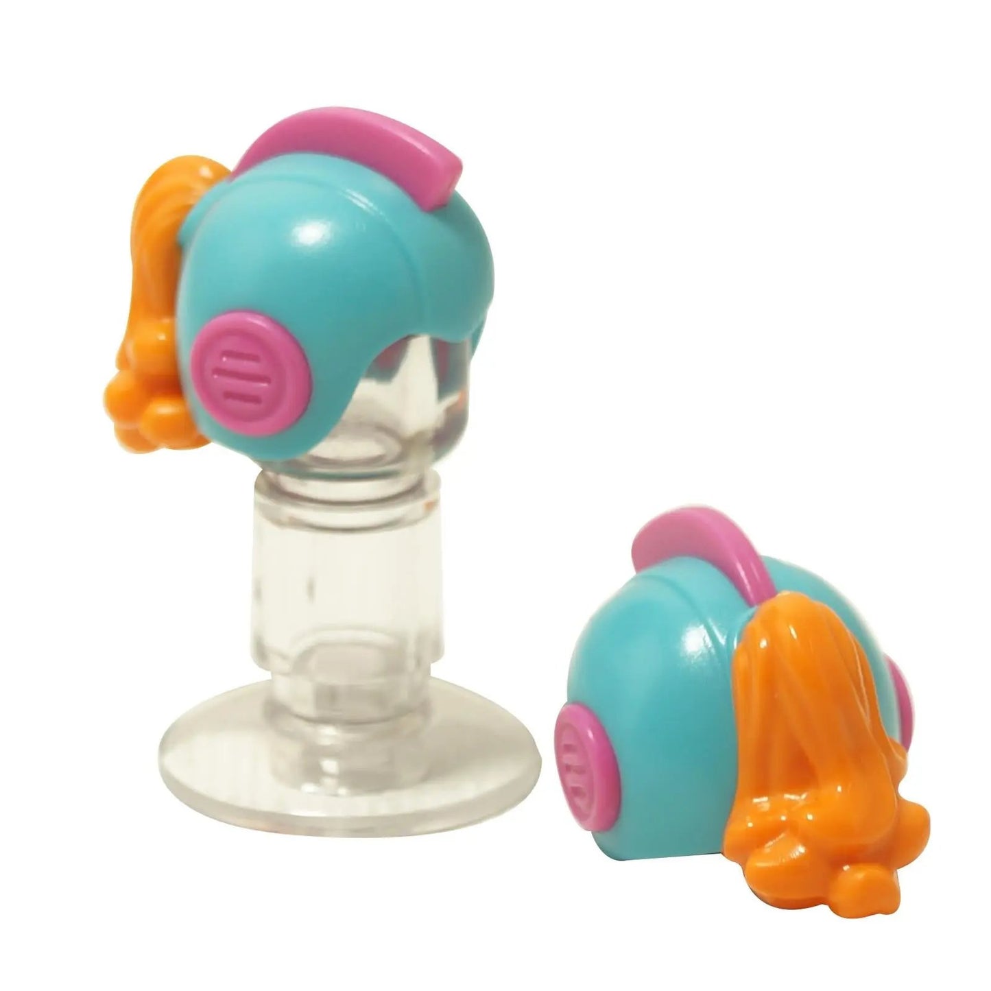 Light aqua space retro helmet with open front, molded dark pink ear covers and attached orange hair

