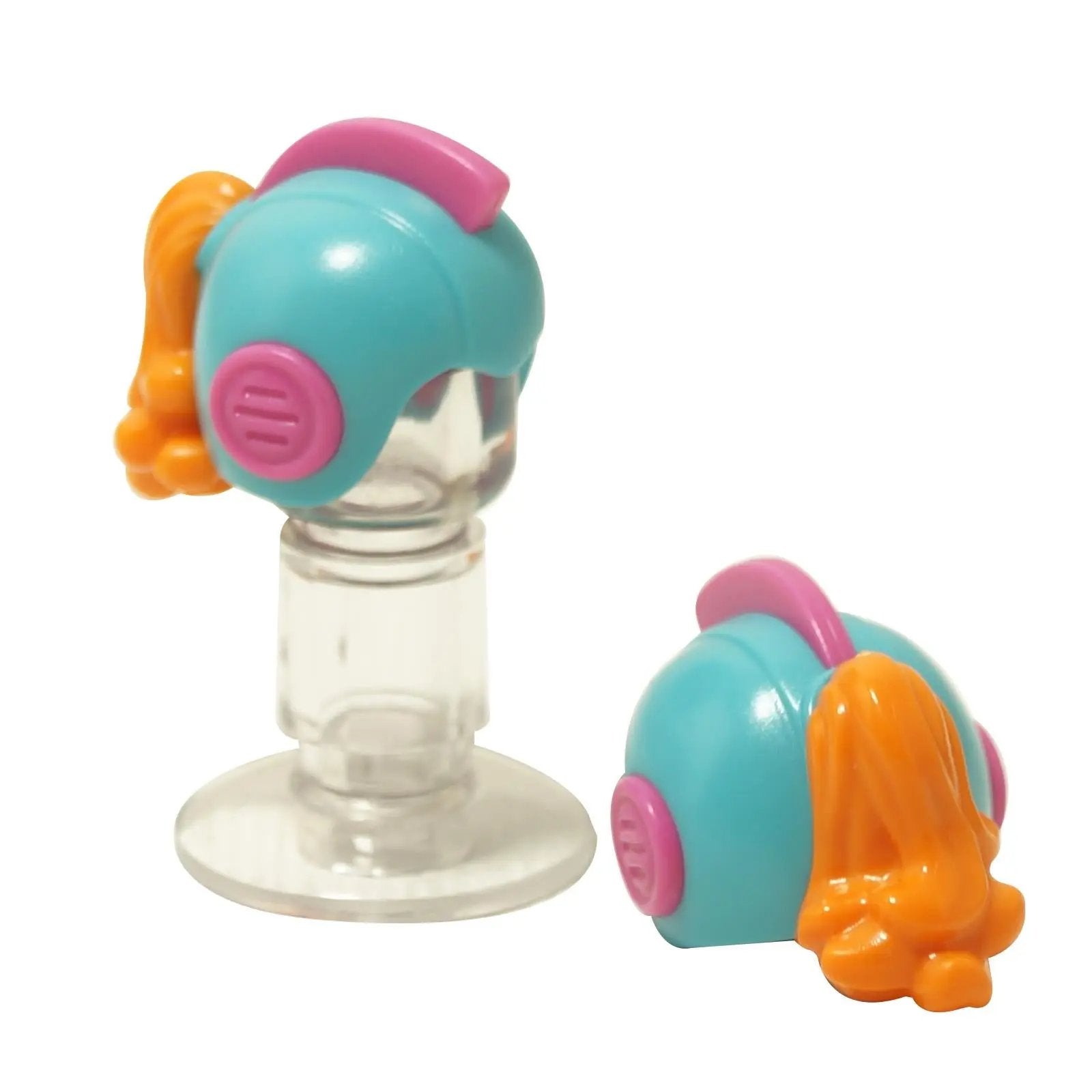 Light aqua space retro helmet with open front, molded dark pink ear covers and attached orange hair

