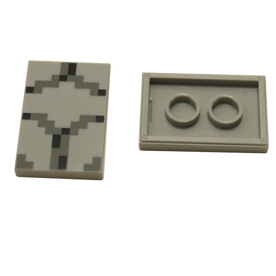 Light Bluish Gray Tile 2 x 3 featuring a Minecraft armor pattern with pixelated gray and black detailing on a rectangular printed tile