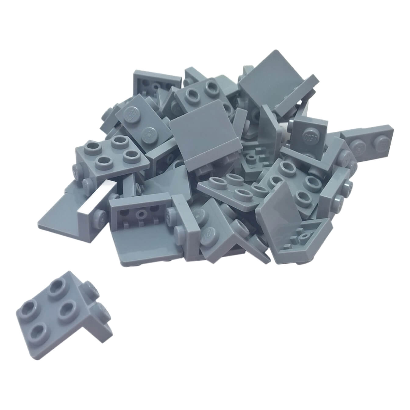 Group of light bluish-gray LEGO Bracket 1x2 - 2x2 pieces (44728) piled together.