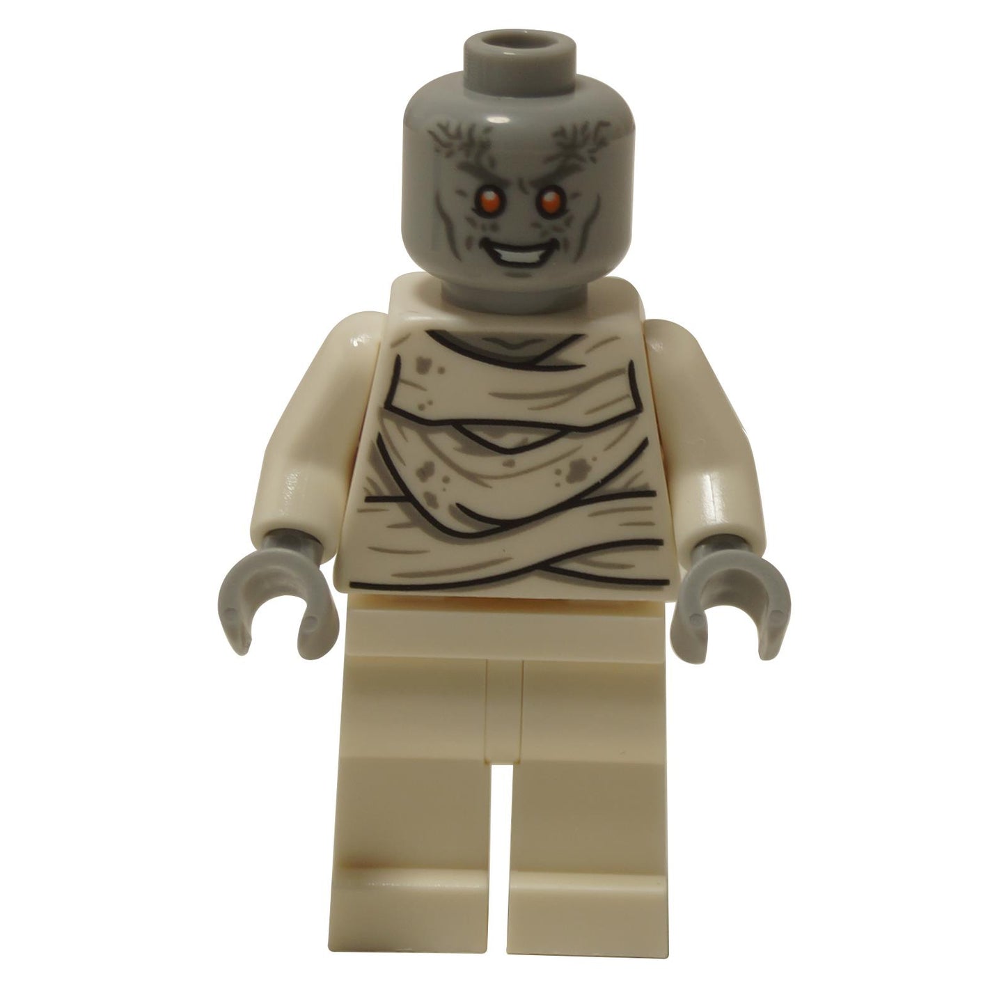 Minifigure with light bluish gray head, red eyes, and white wrap-style torso print.
