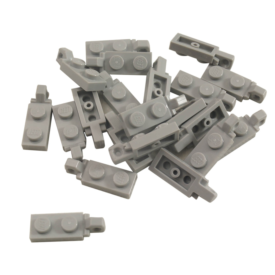 Light bluish gray hinge plate 1x2 locking with 1 finger on end, without bottom groove, for compact hinges.

