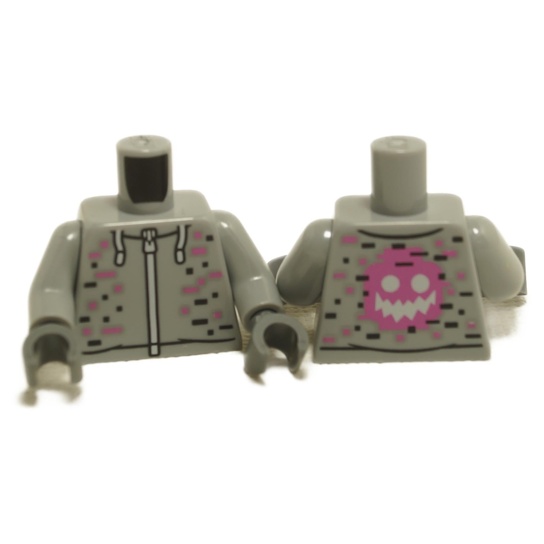 A LEGO minifigure torso with a light bluish gray hoodie design, featuring a pixelated digital print with pink and black accents, and a spooky pink monster face with a jagged mouth on the back.