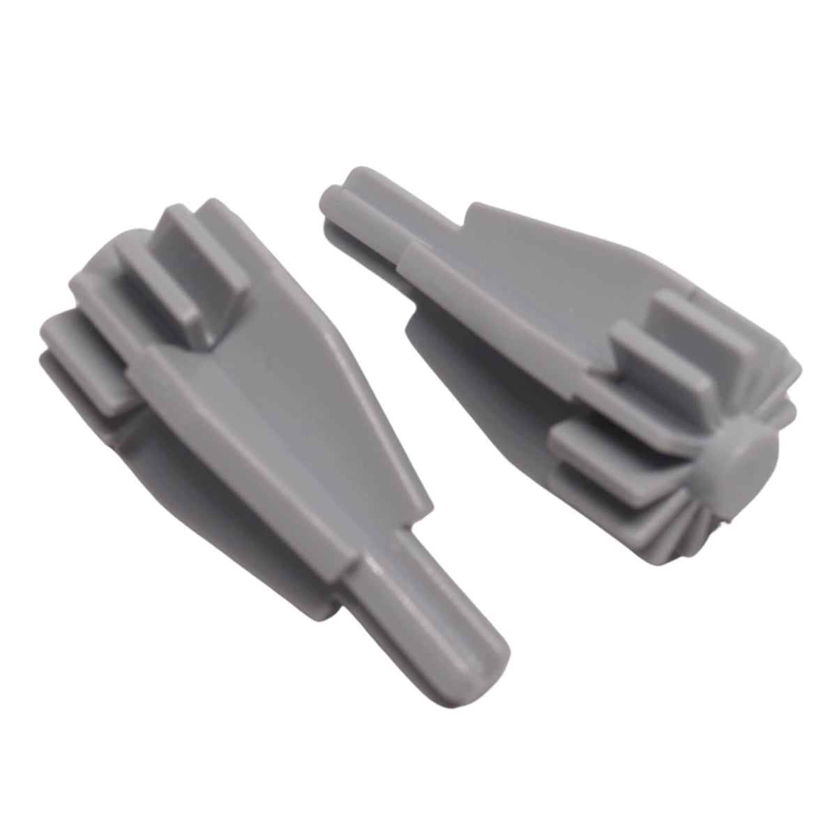 Light bluish gray LEGO® engine part 4869 shown from two angles with smooth centre, fan gear detail and axle-style end