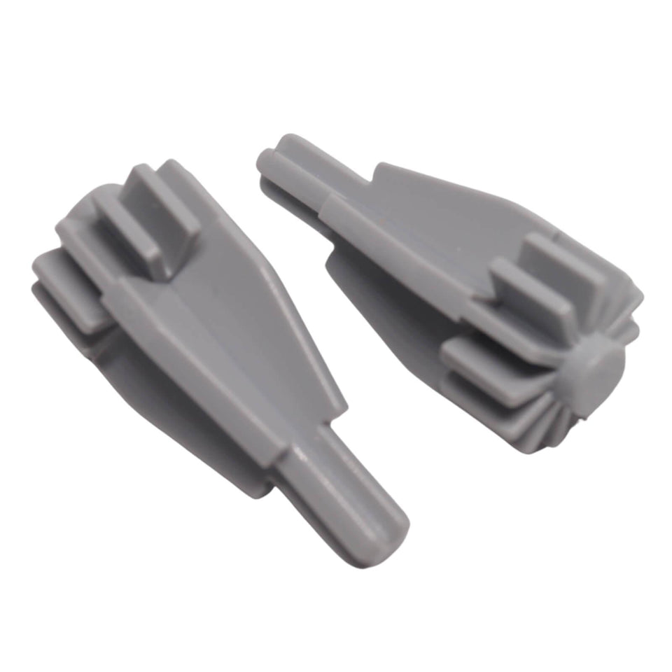 Light bluish gray LEGO® engine part 4869 shown from two angles with smooth centre, fan gear detail and axle-style end
