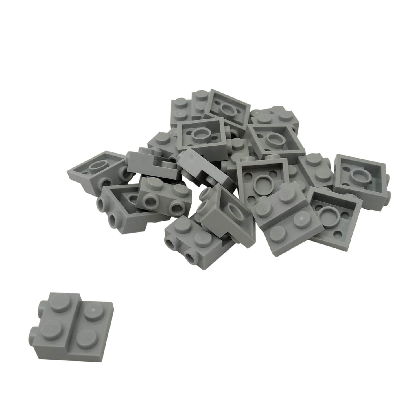 Světlá šedá LEGO® modifikovaná deska 2 x 2 x 2/3 se dvěma bočními kolíky pro SNOT stavební techniky
