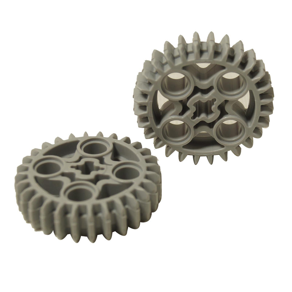 Engrenages coniques de 28 dents Technic en gris bleu clair LEGO® (46372) présentés sur un fond blanc.