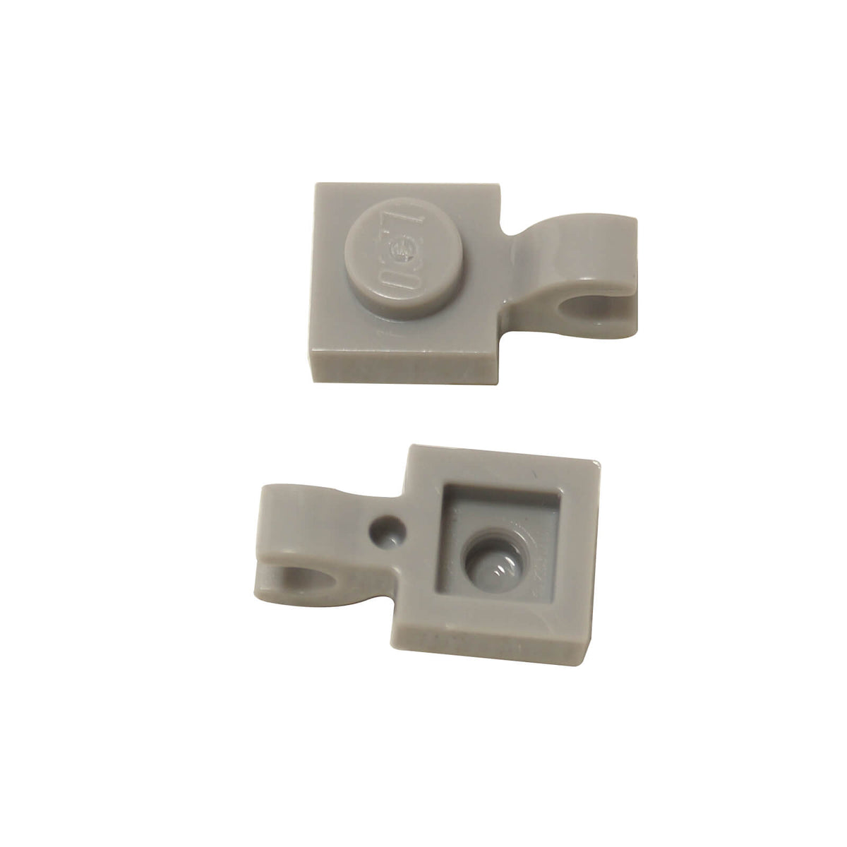 Light bluish gray LEGO® modified plate 1 x 1 part 61252 shown from two angles with single stud and open horizontal O clip