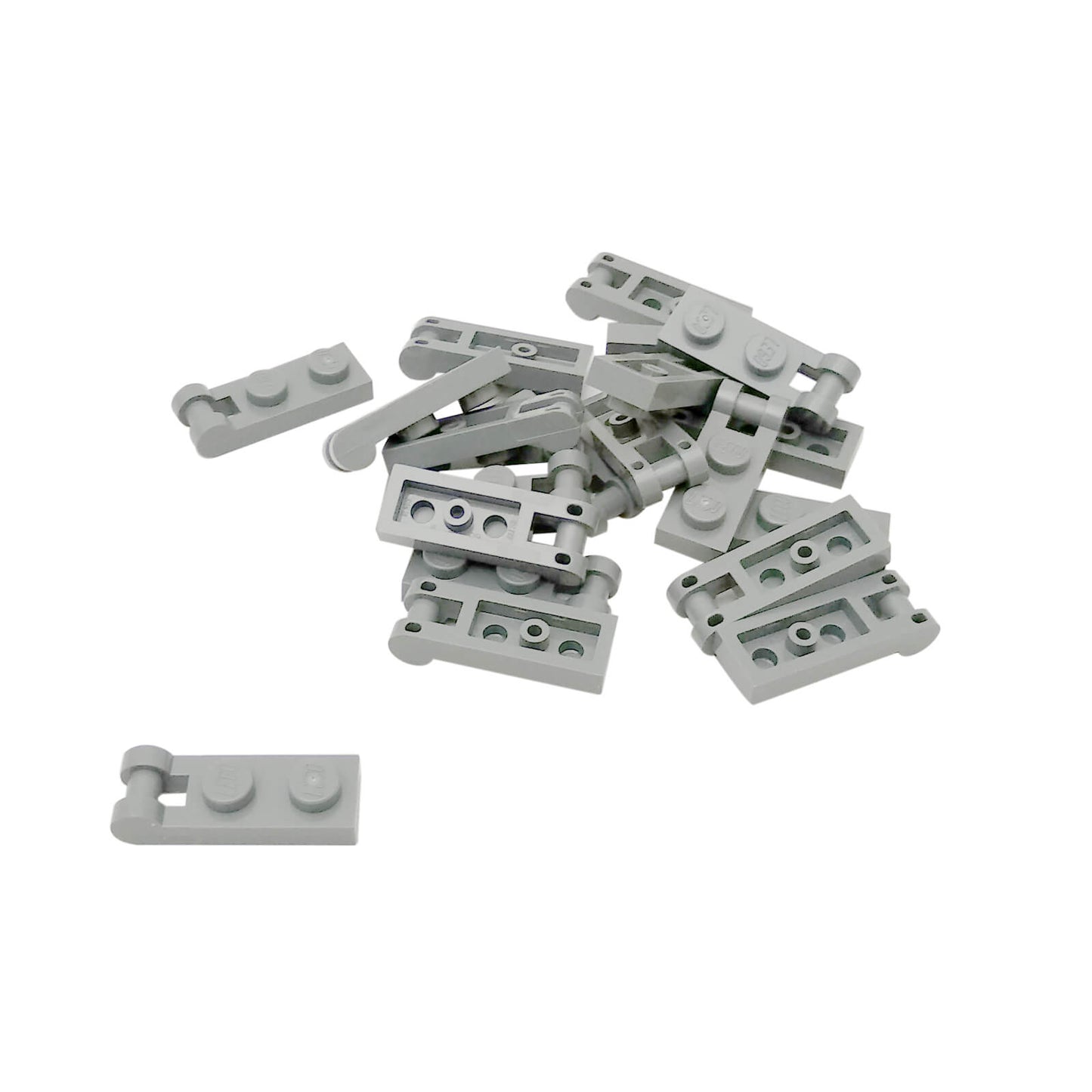 Light Bluish Gray Plate Modified 1 x 2 with Handle on End and Closed Ends, part 60478, featuring a flat 1x2 plate base with an integrated end handle and smooth closed tips