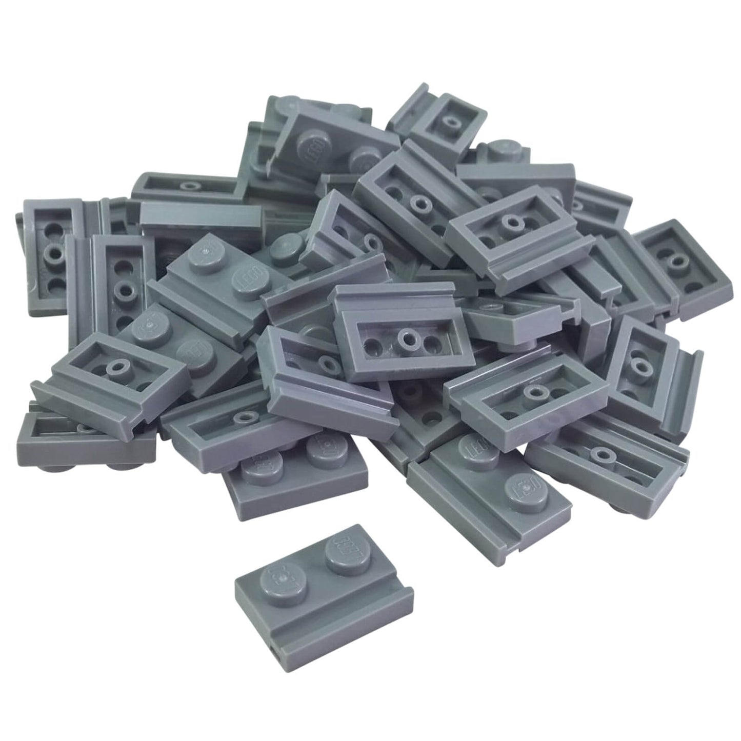 Light bluish gray modified Plate 1 x 2 with door rail for sliding doors, track guides, and compact wall builds
