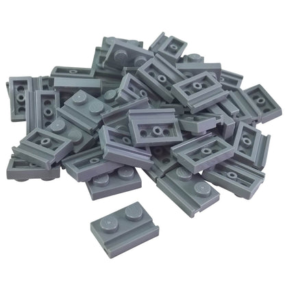 Light bluish gray modified Plate 1 x 2 with door rail for sliding doors, track guides, and compact wall builds
