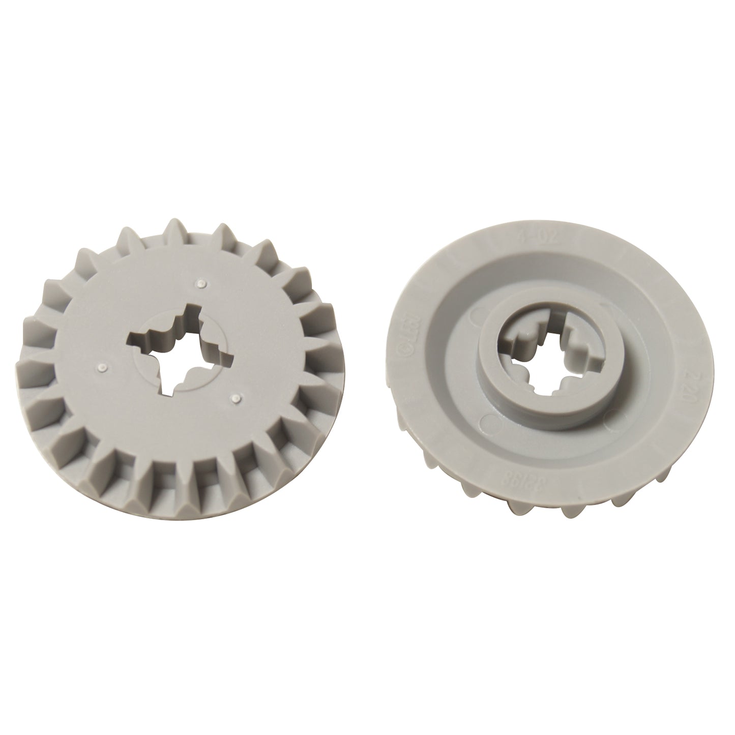Two light bluish-gray LEGO Technic 20 Tooth Bevel Gears (32198) shown front and back.