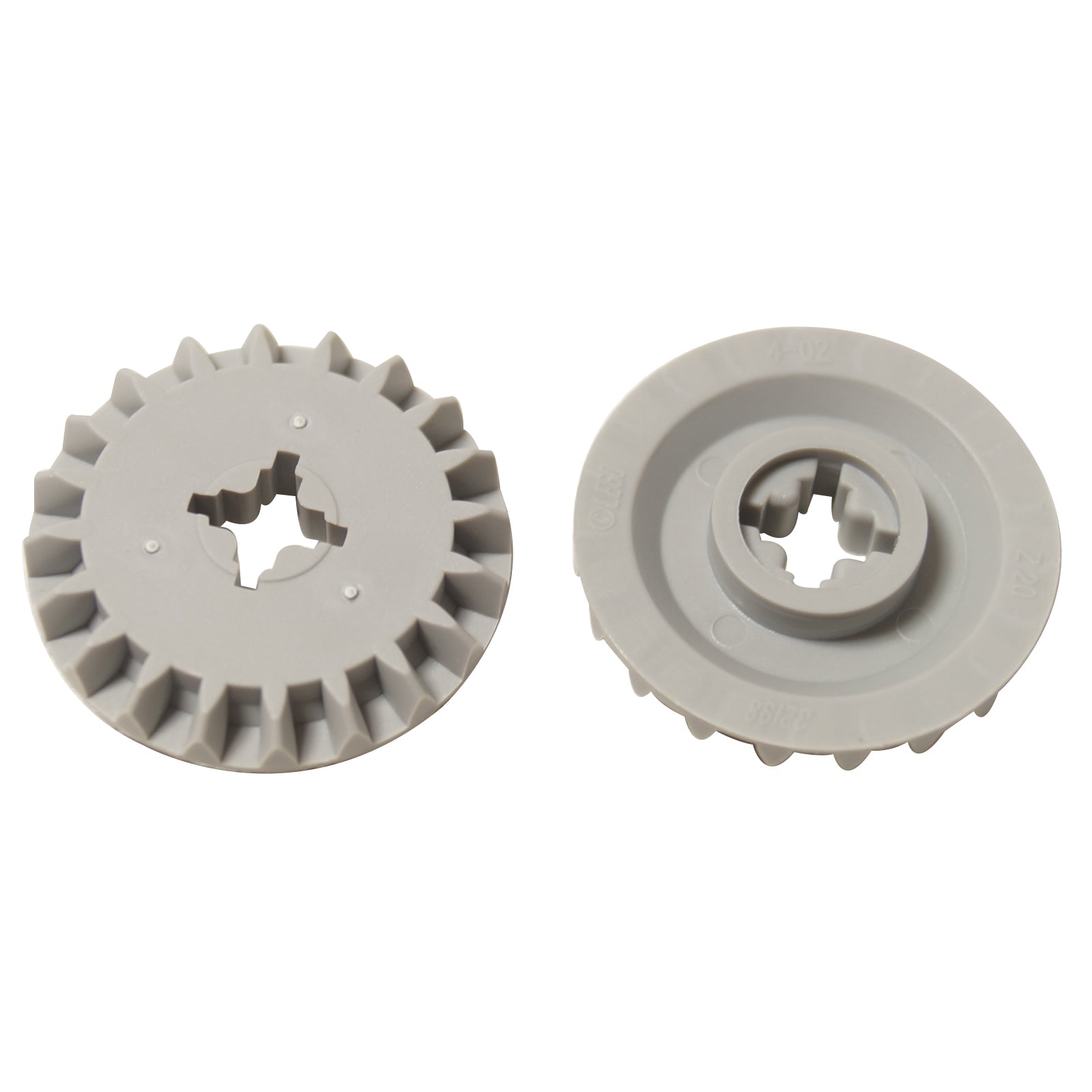 Two light bluish-gray LEGO Technic 20 Tooth Bevel Gears (32198) shown front and back.