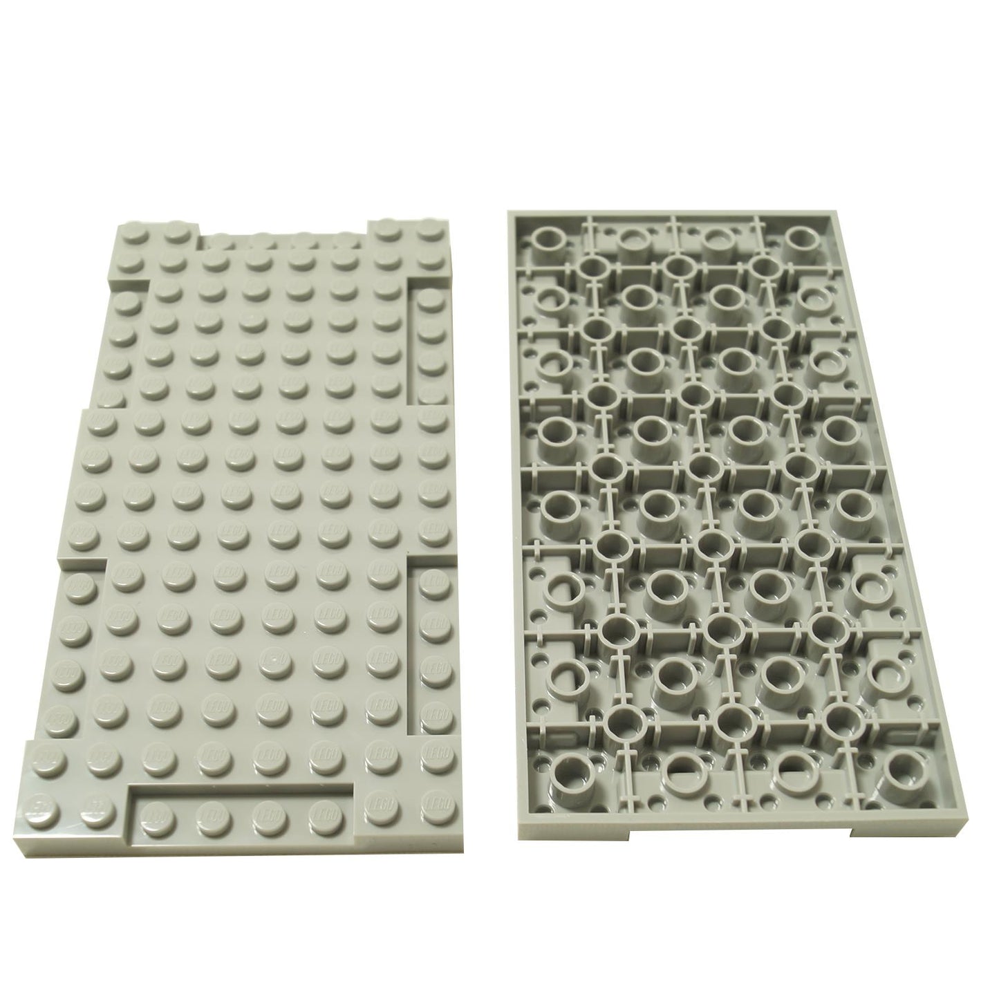 Two light bluish-gray LEGO Baseplates (2629) shown: top studs view and detailed anti-stud view.